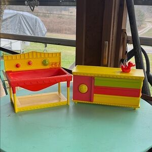 Vintage Dollhouse Bathroom Set Plastic Bathtub Sink Vanity 1960s w/ Accessories